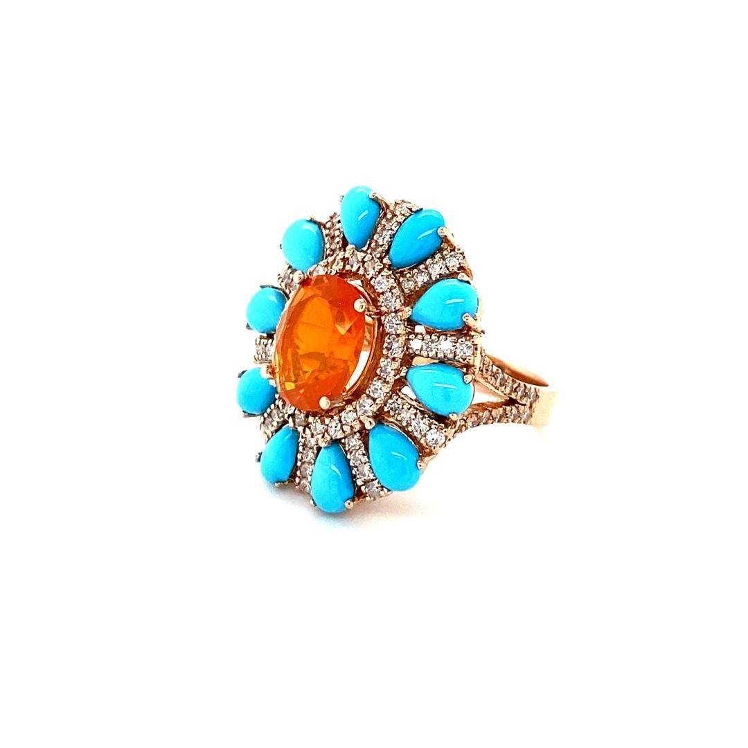 Contemporary 6.72 Carat Natural Fire Opal Turquoise and Diamond Rose Gold Cocktail Ring For Sale