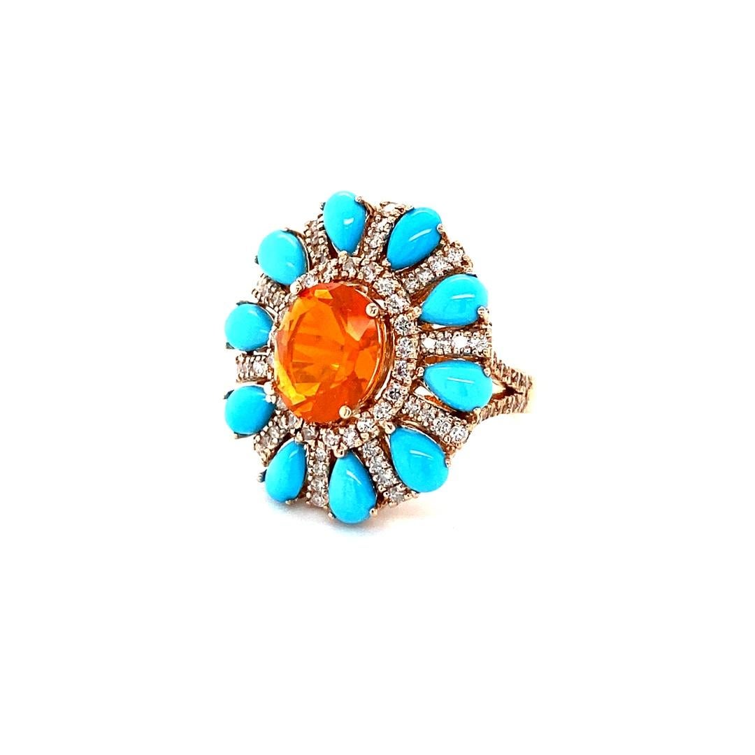 Oval Cut 6.72 Carat Natural Fire Opal Turquoise and Diamond Rose Gold Cocktail Ring For Sale