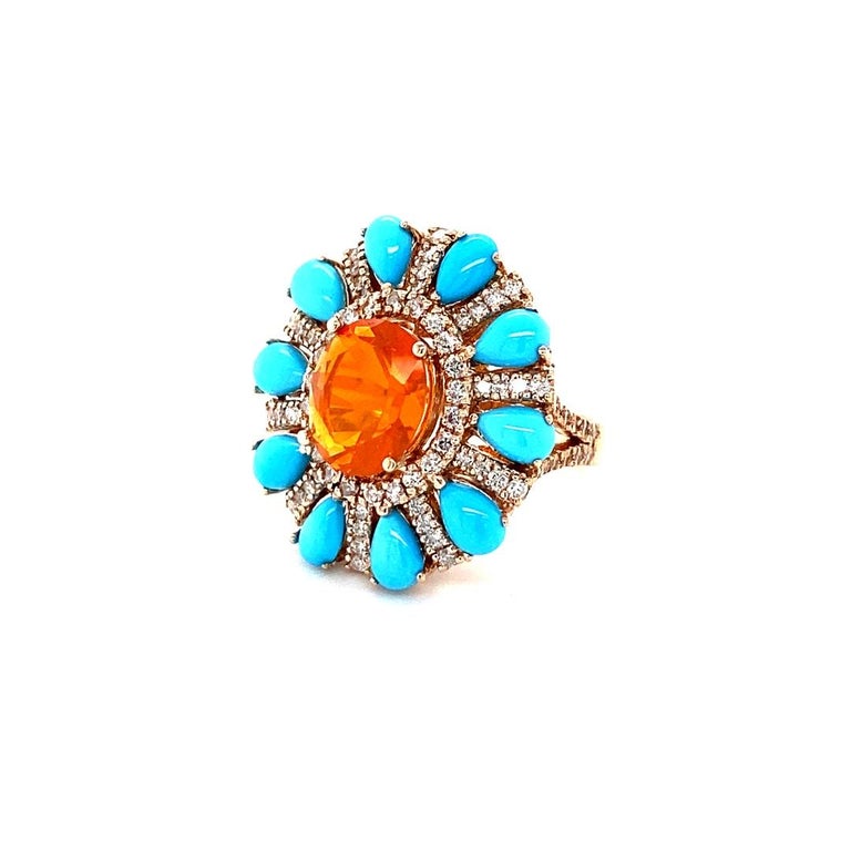 Oval Cut 6.72 Carat Natural Fire Opal Turquoise Diamond Rose Gold Cocktail Ring For Sale