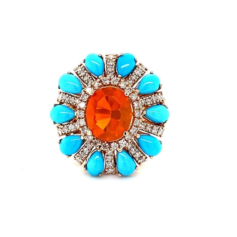 6.72 Carat Natural Fire Opal Turquoise Diamond Rose Gold Cocktail Ring In New Condition For Sale In Los Angeles, CA