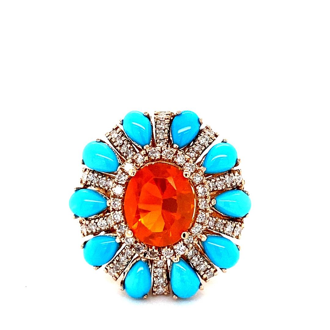 6.72 Carat Natural Fire Opal Turquoise and Diamond Rose Gold Cocktail Ring In New Condition For Sale In Los Angeles, CA