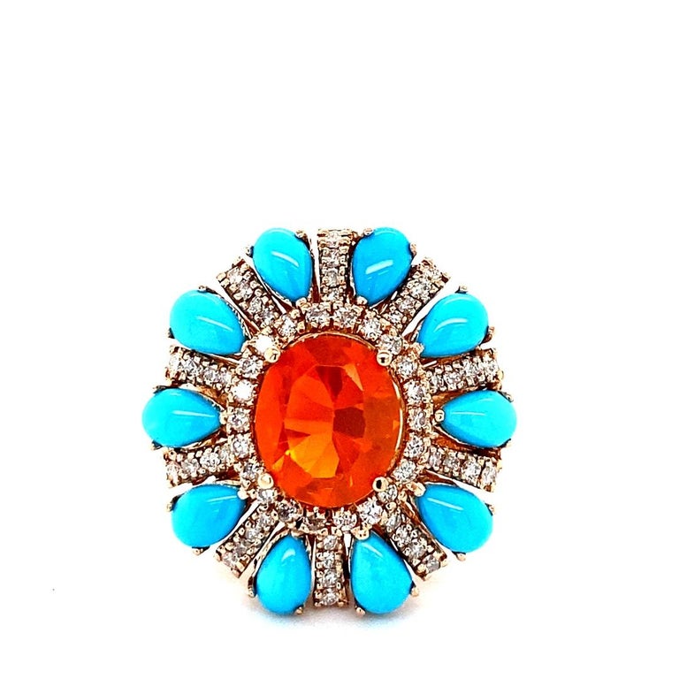 Women's 6.72 Carat Natural Fire Opal Turquoise Diamond Rose Gold Cocktail Ring For Sale