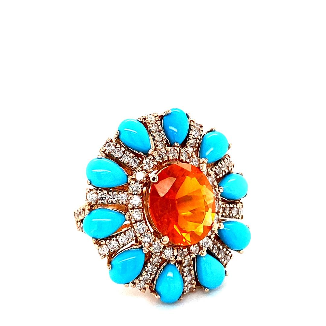 Women's 6.72 Carat Natural Fire Opal Turquoise and Diamond Rose Gold Cocktail Ring For Sale