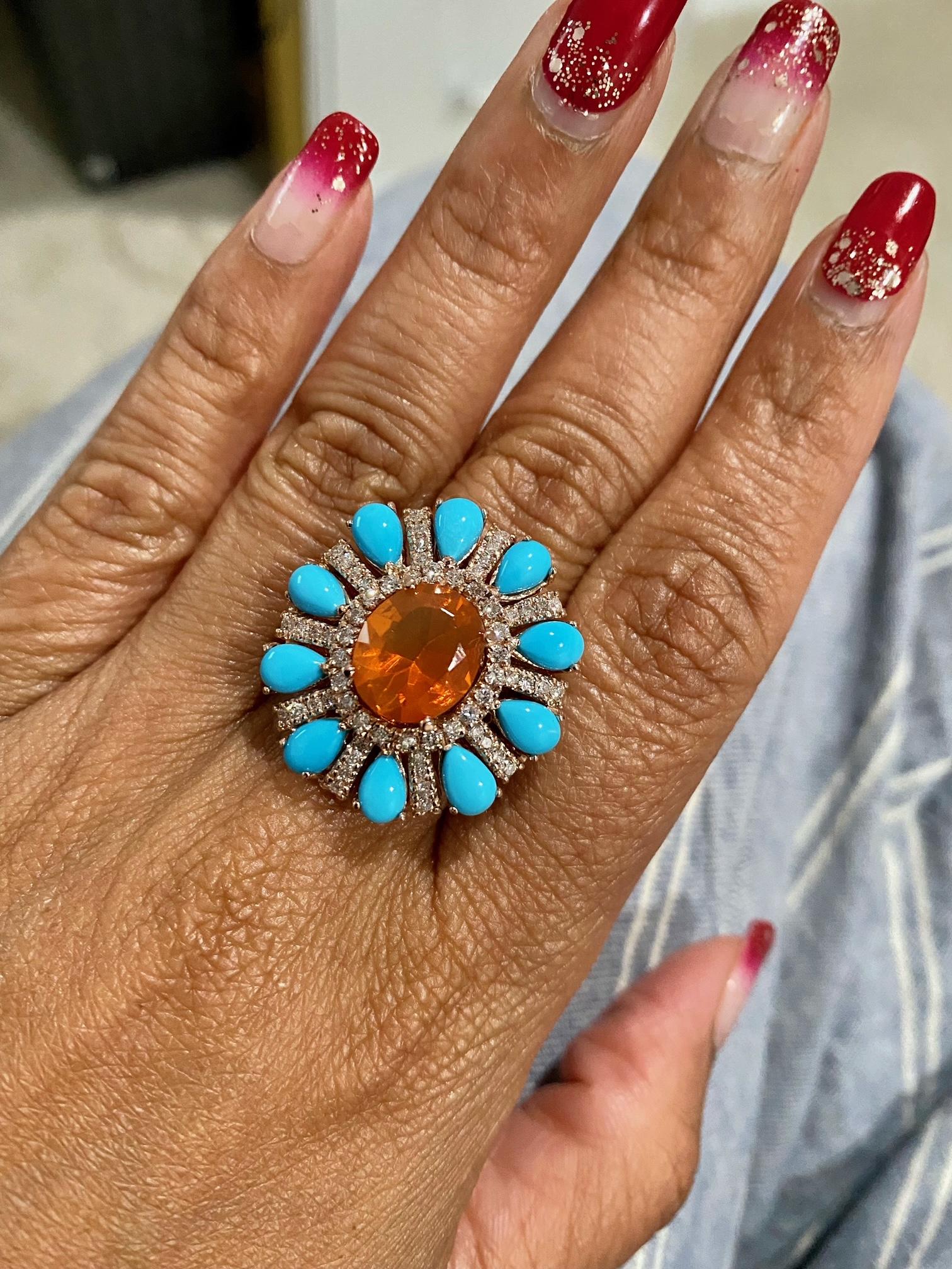 6.72 Carat Natural Fire Opal Turquoise and Diamond Rose Gold Cocktail Ring For Sale 1