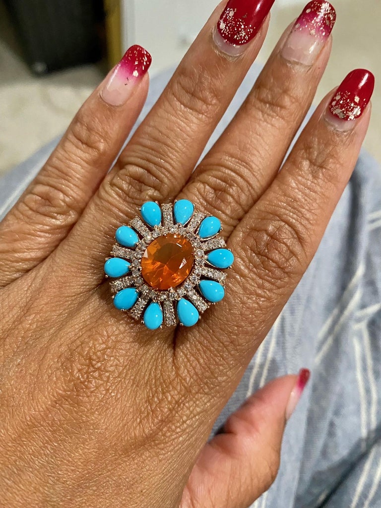 6.72 Carat Natural Fire Opal Turquoise Diamond Rose Gold Cocktail Ring For Sale 2
