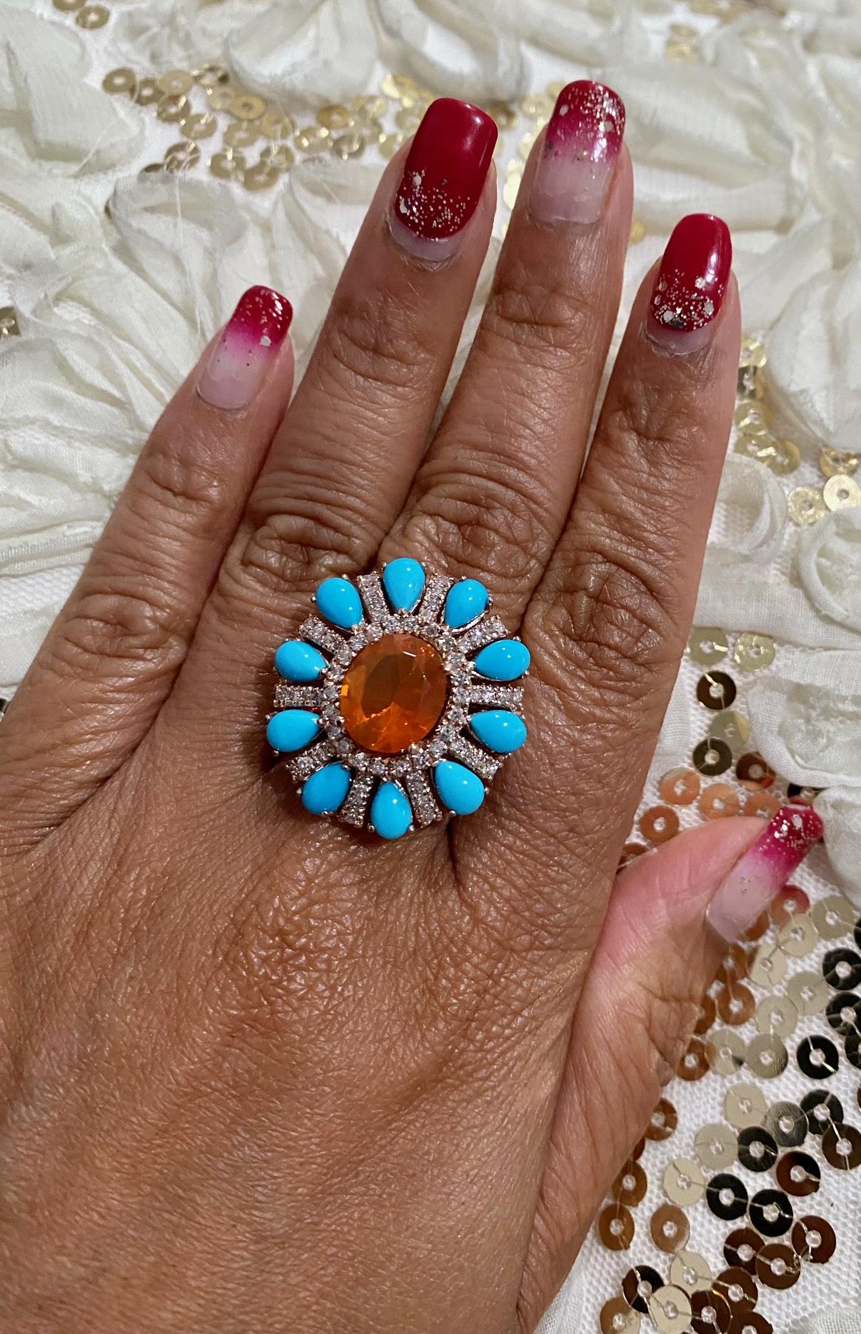 6.72 Carat Natural Fire Opal Turquoise and Diamond Rose Gold Cocktail Ring For Sale 2