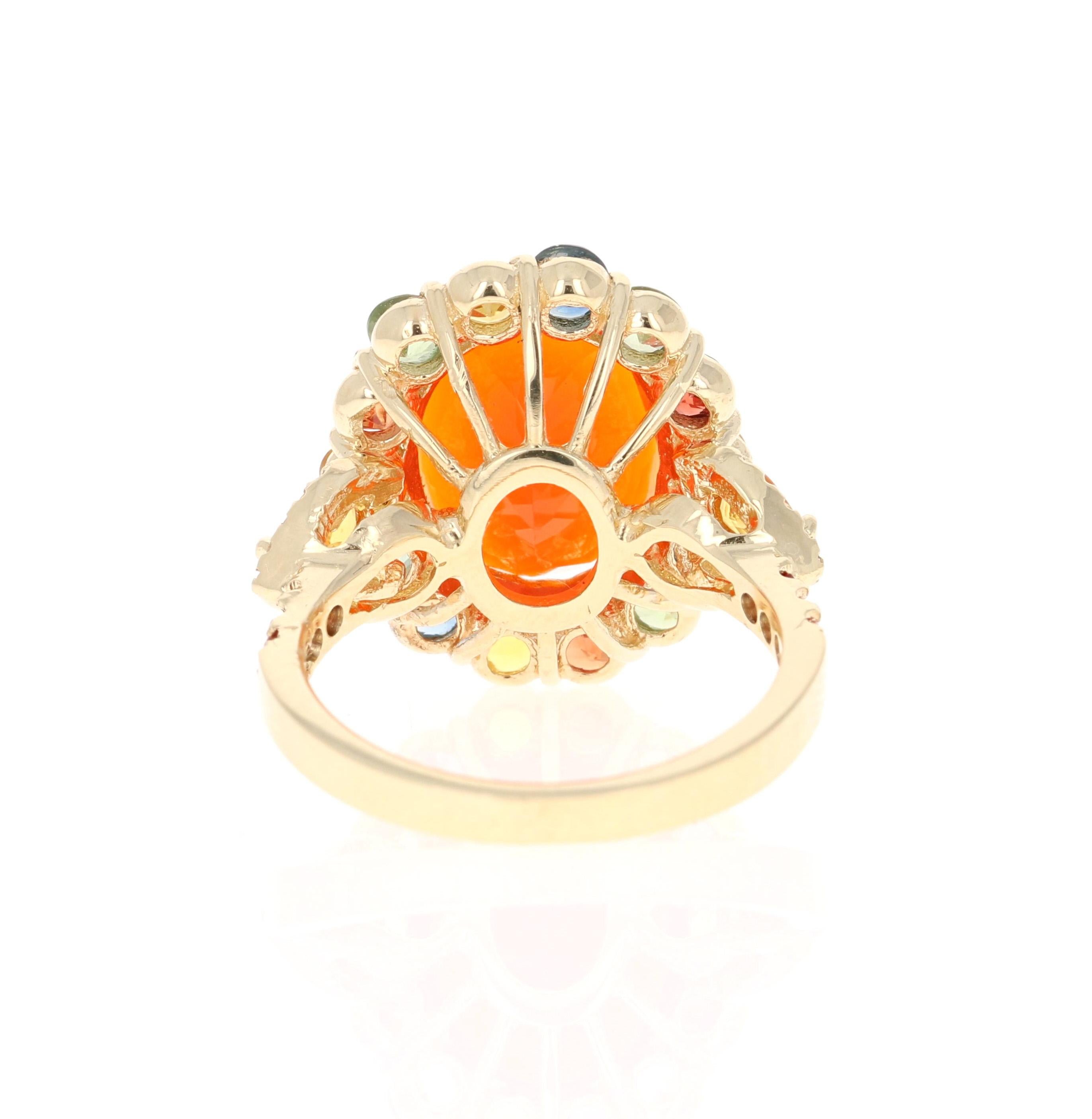 6.72 Carat Oval Cut Fire Opal Sapphire Diamond 14 Karat Yellow Gold Ring In New Condition In Los Angeles, CA