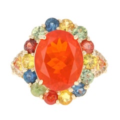 6.72 Carat Oval Cut Fire Opal Sapphire Diamond 14 Karat Yellow Gold Ring