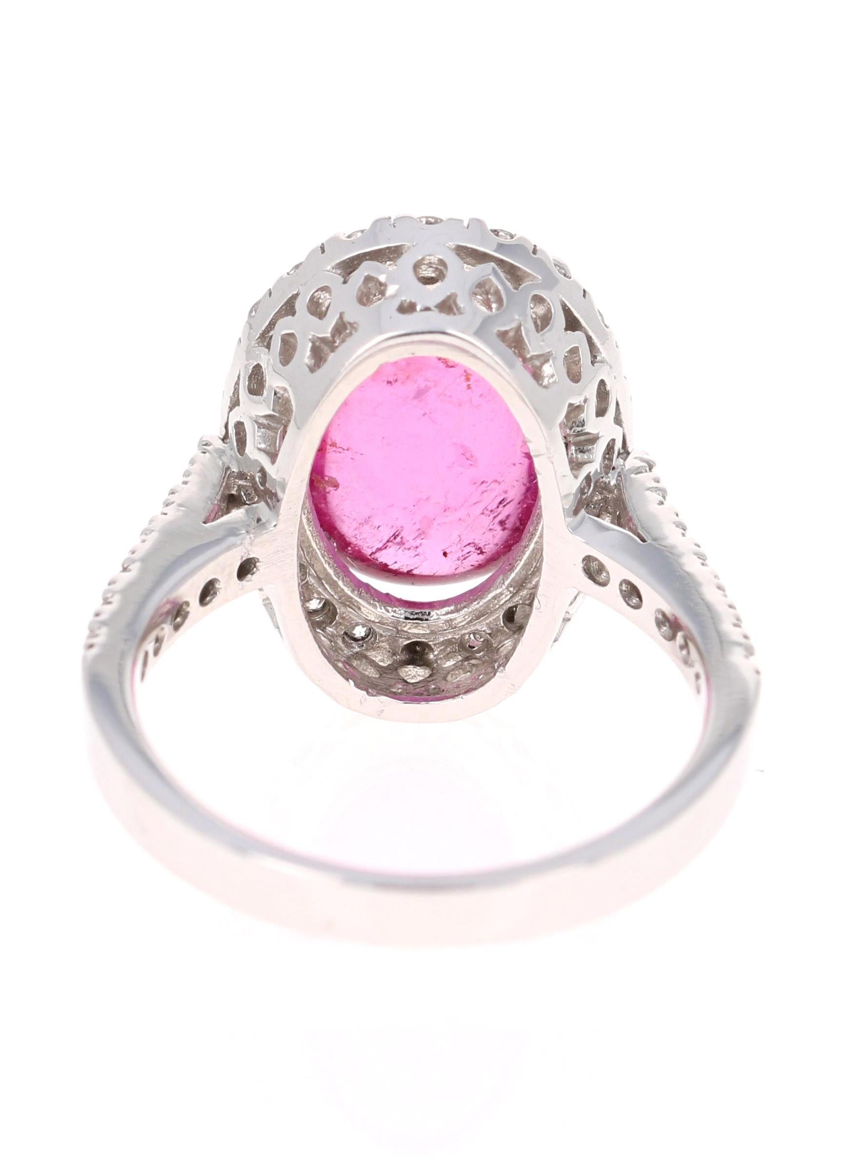 Oval Cut 6.72 Carat Pink Tourmaline Diamond 14 Karat White Gold Ring