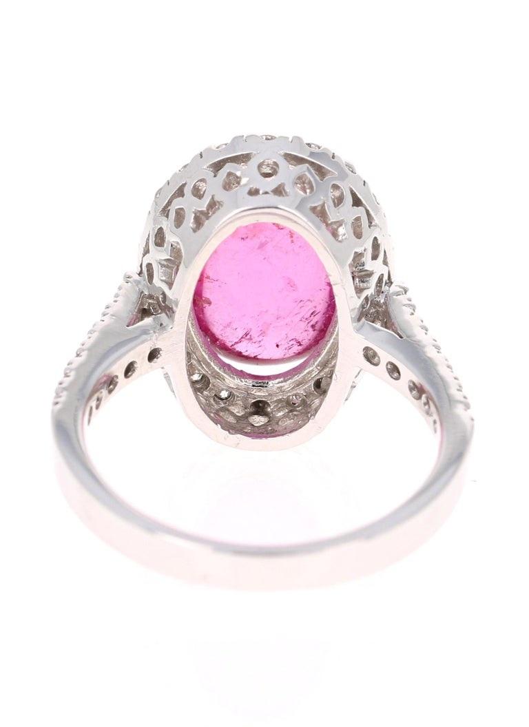 Cabochon 6.72 Carat Pink Tourmaline Diamond 14 Karat White Gold Ring