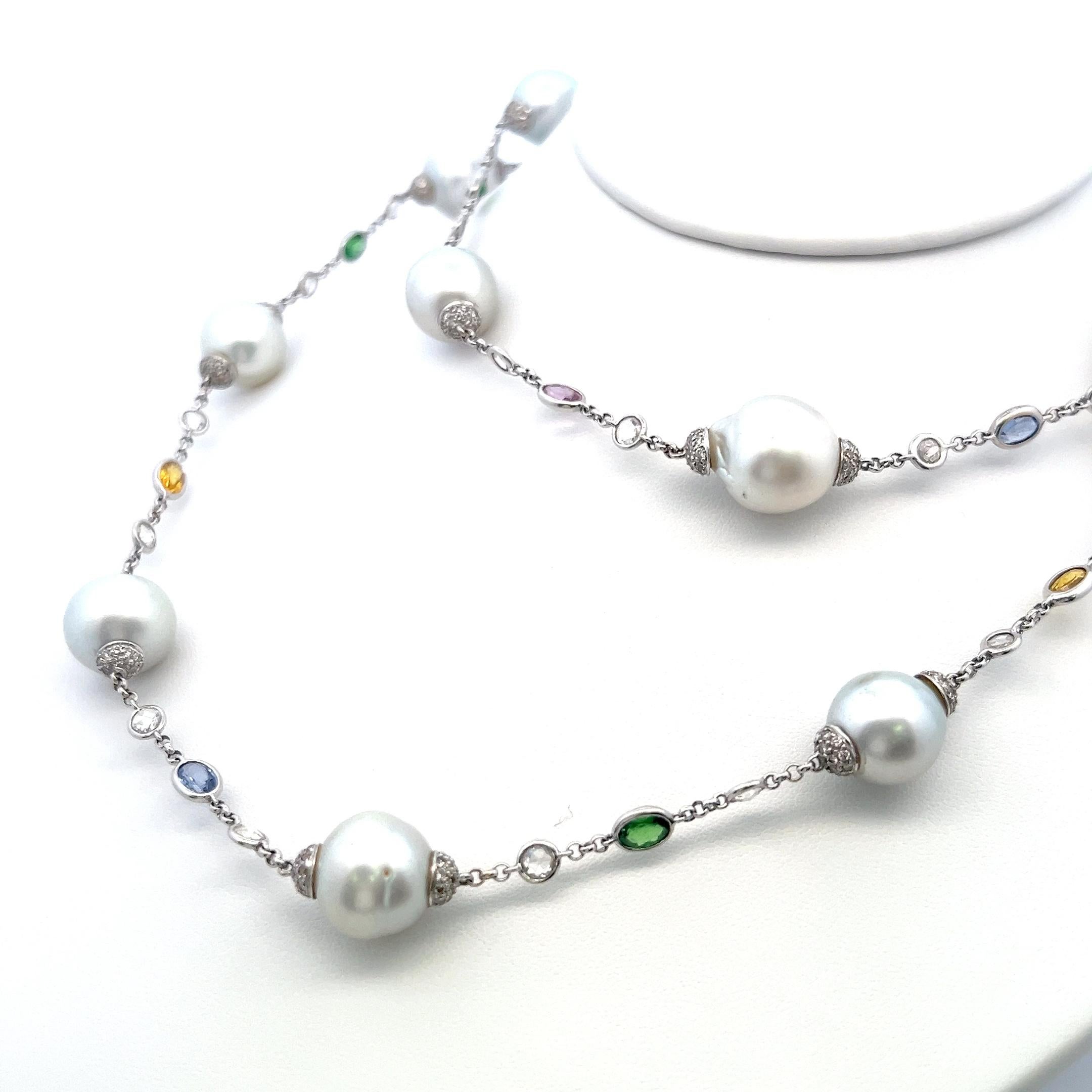 Round Cut 6.72 Carat Rose Cut and Round Diamond 12.5-14.5MM Pearl 18K WG Station Necklace For Sale