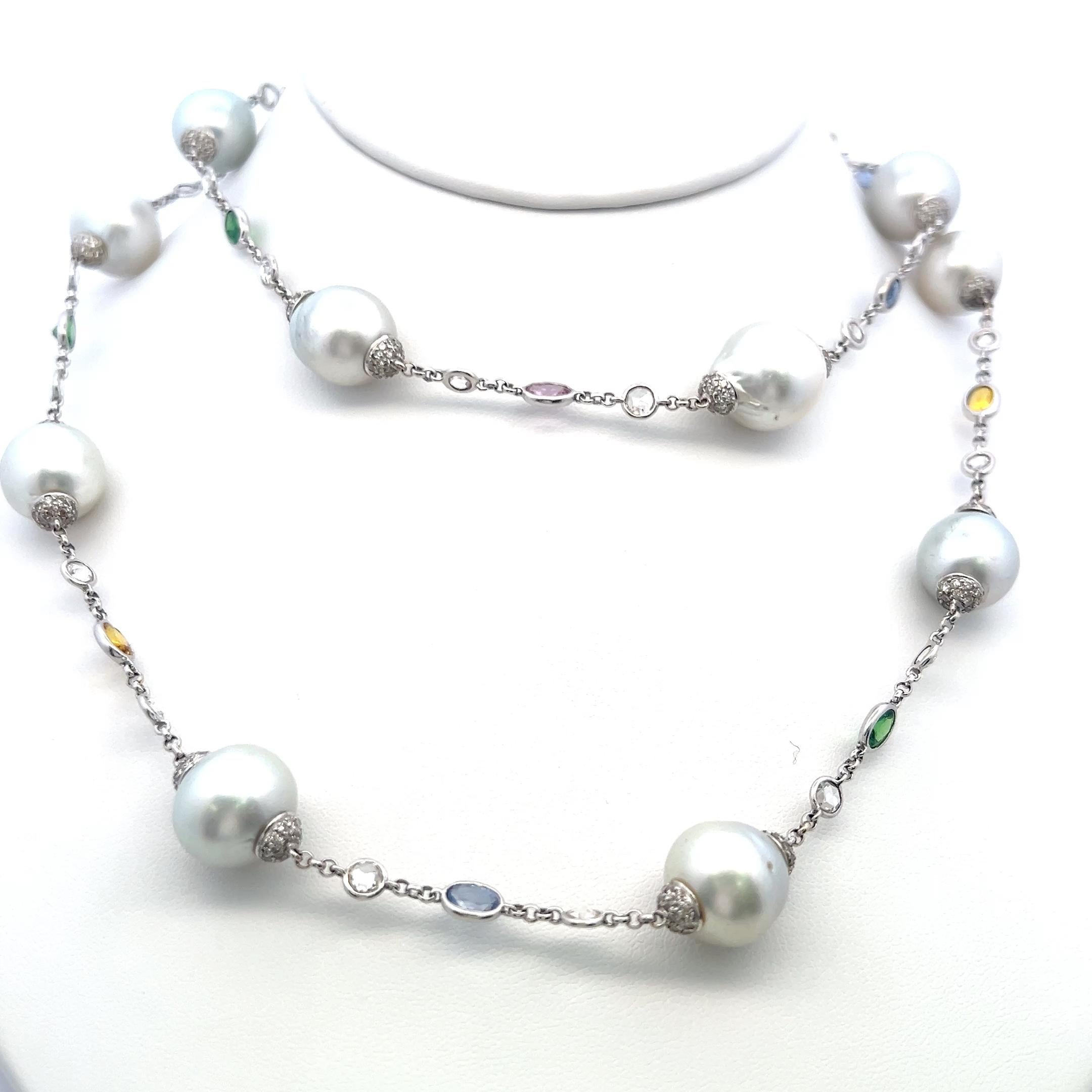 Women's 6.72 Carat Rose Cut and Round Diamond 12.5-14.5MM Pearl 18K WG Station Necklace For Sale