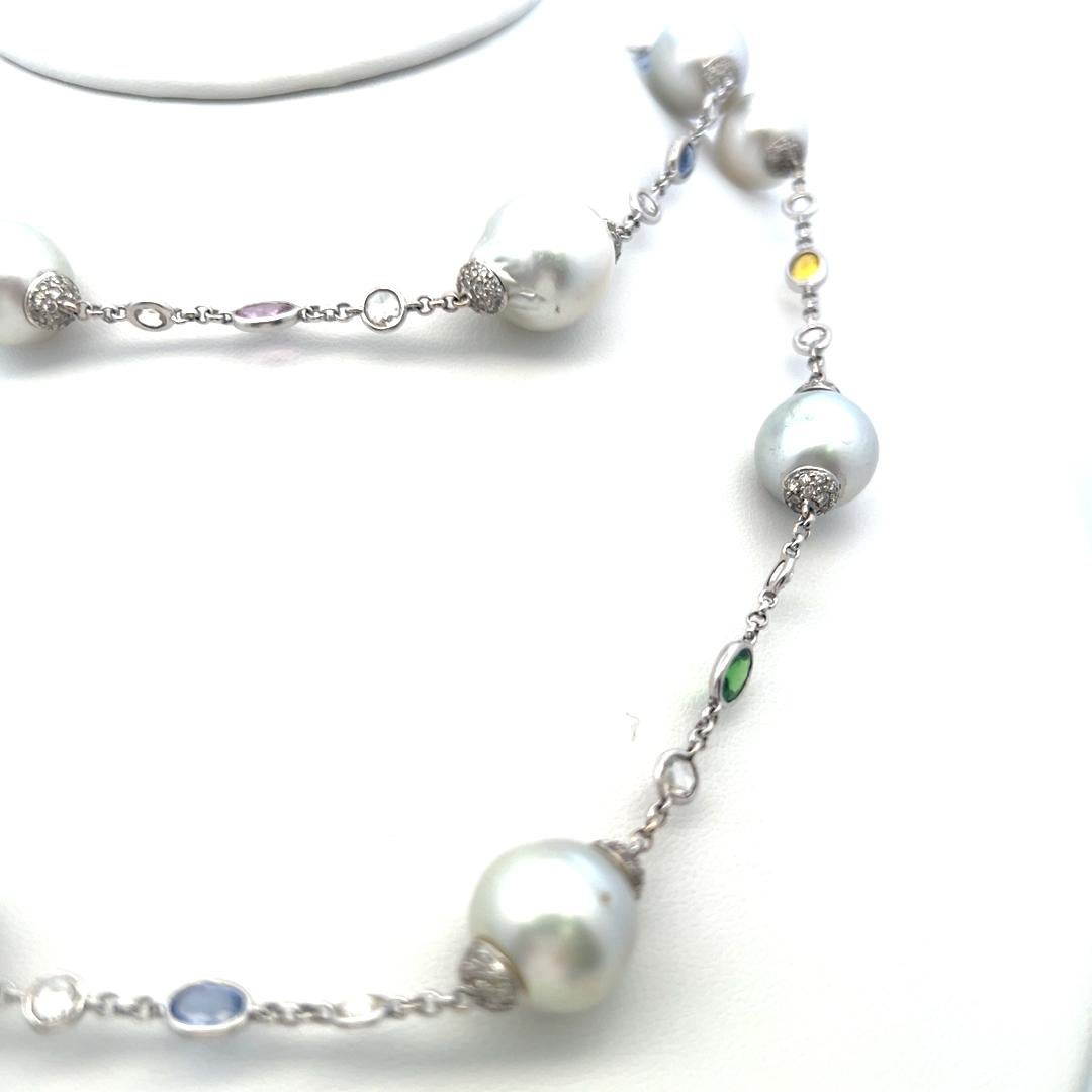 6.72 Carat Rose Cut and Round Diamond 12.5-14.5MM Pearl 18K WG Station Necklace For Sale 1