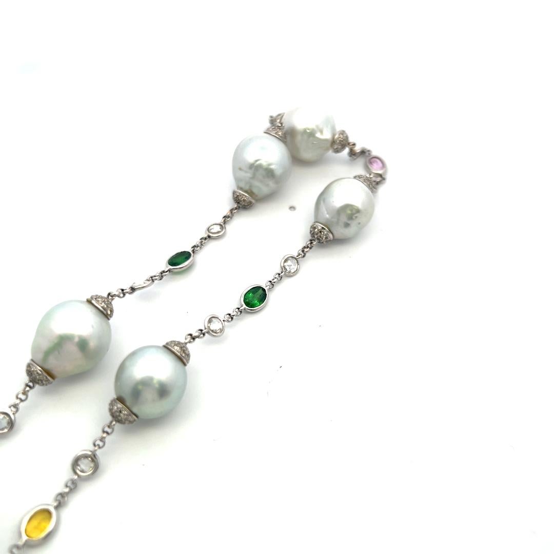 6.72 Carat Rose Cut and Round Diamond 12.5-14.5MM Pearl 18K WG Station Necklace For Sale 2