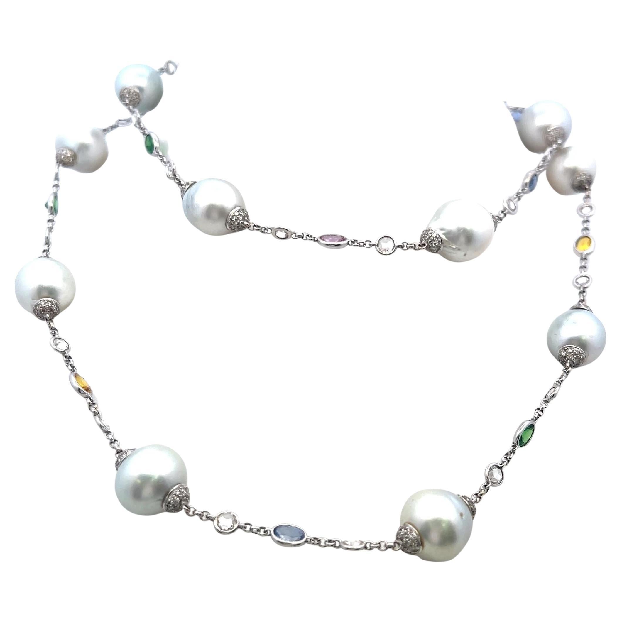 6.72 Carat Rose Cut and Round Diamond 12.5-14.5MM Pearl 18K WG Station Necklace For Sale