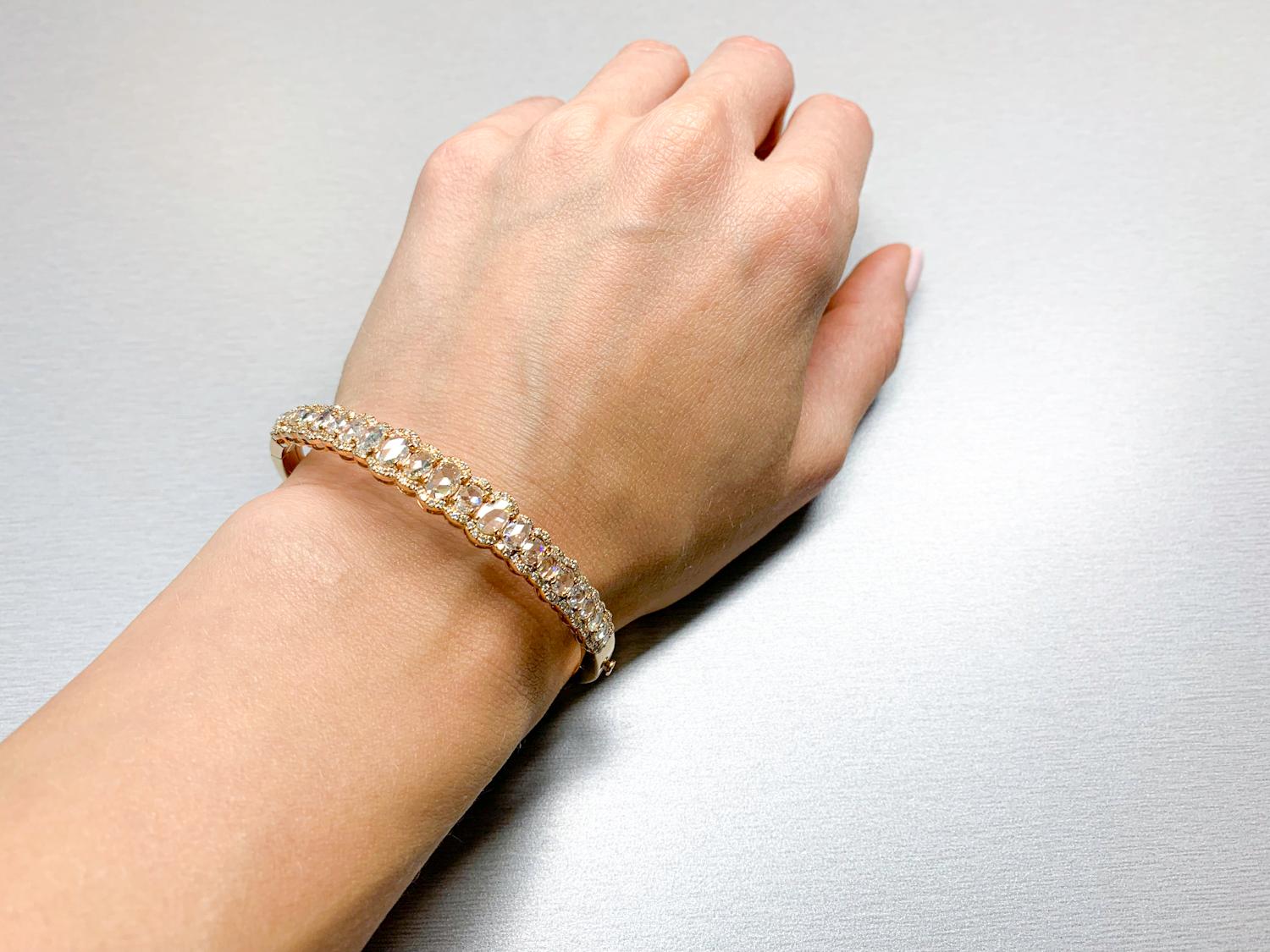 6.72 Carat Rose Cut Diamond Tennis Bracelet in 18K Rose Gold In Excellent Condition For Sale In New York, NY