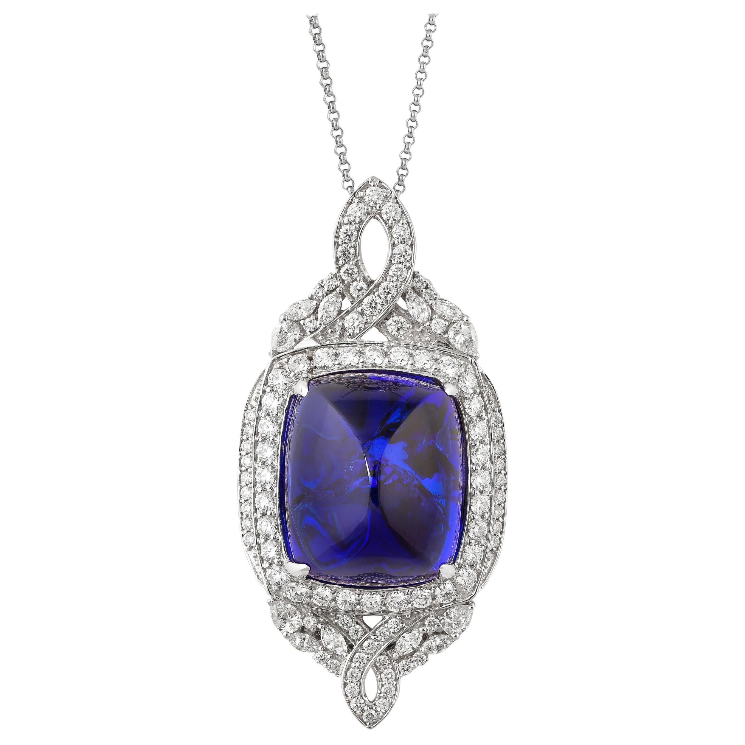 67.2 Carat Tanzanite and White Diamond Pendant in 18 Karat White Gold For Sale