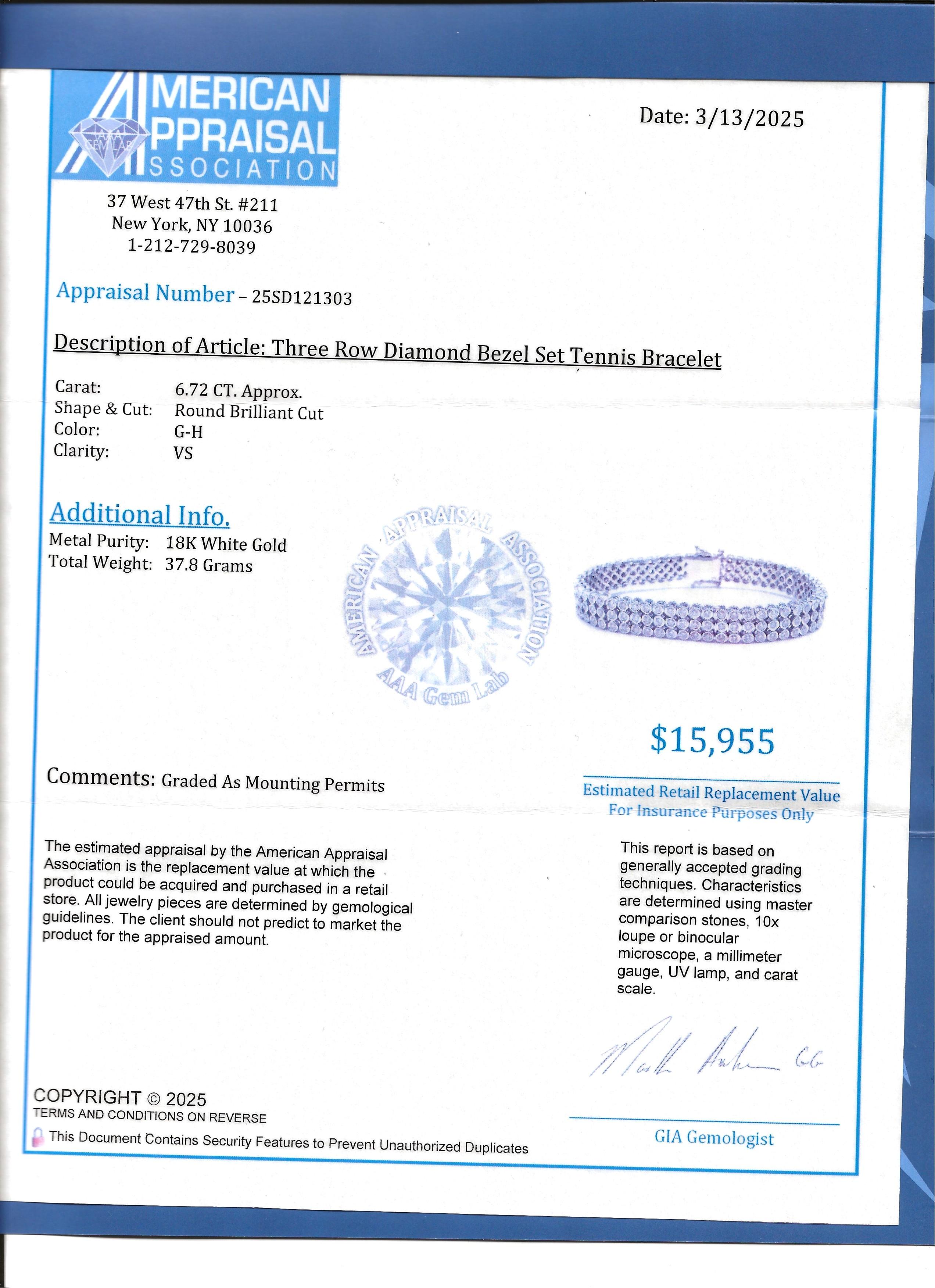 6.72 Carat Triple Row Bezel Set Round Diamond Bracelet in 18 Karat White Gold For Sale 2