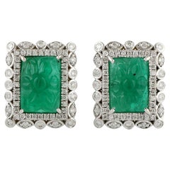 6.72ct Carved Emerald Studs With Diamonds Made In 18k White Gold