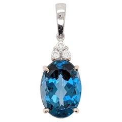6.72ct London Blue Topaz Pendant w Natural Diamonds in Solid 14K Gold Oval 14x10