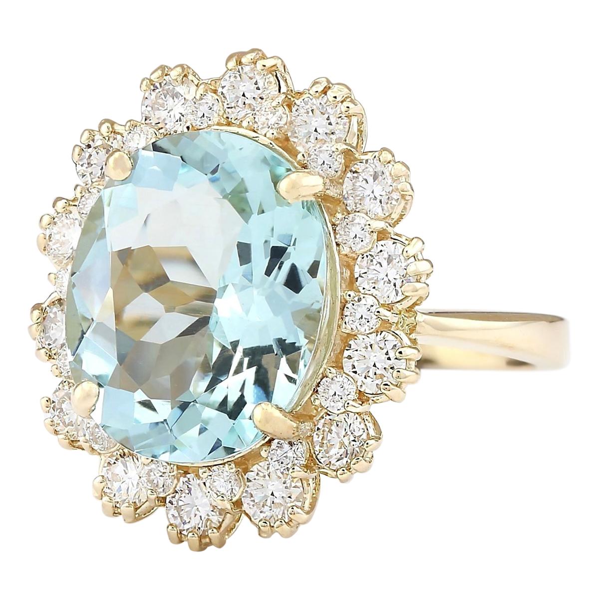 Stamped: 14K Yellow Gold
Total Ring Weight: 6.0 Grams
Total Natural Aquamarine Weight is 5.61 Carat (Measures: 14.00x10.00 mm)
Color: Blue
Total Natural Diamond Weight is 1.12 Carat
Color: F-G, Clarity: VS2-SI1
Face Measures: 21.15x17.80 mm
Sku:
