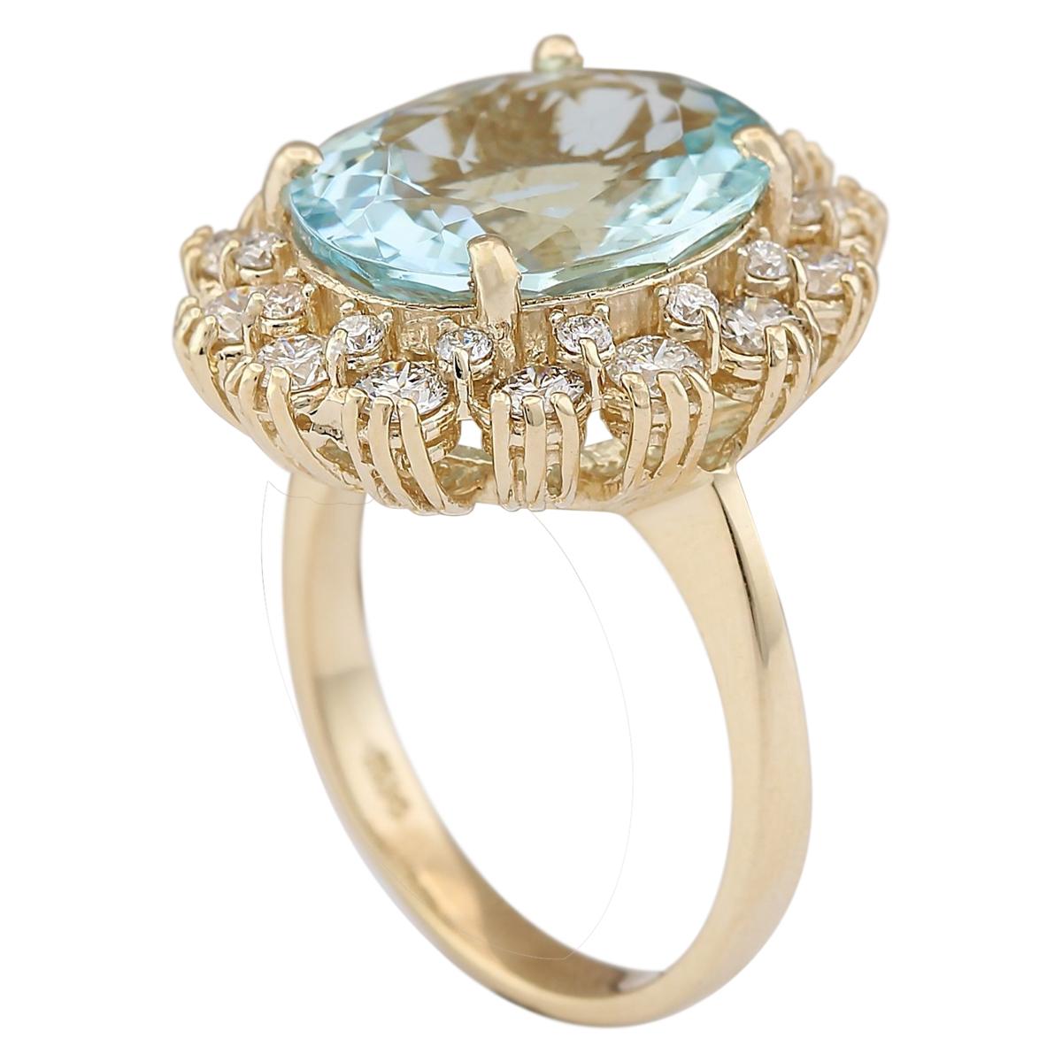 Oval Cut Natural Aquamarine Diamond Ring In 14 Karat Yellow Gold  For Sale