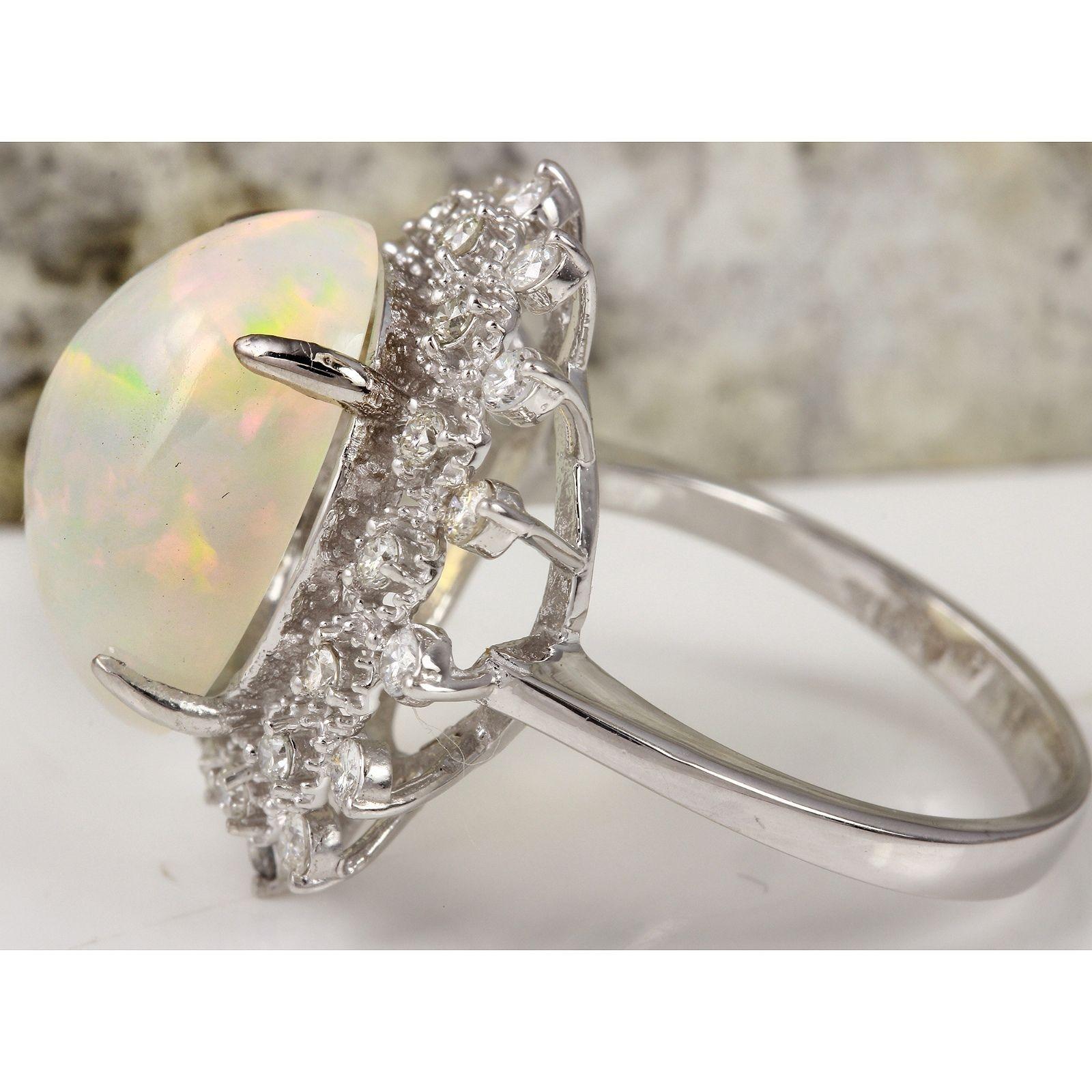Mixed Cut 6.73 Ct Natural Impressive Ethiopian Opal and Diamond 14K Solid White Gold Ring For Sale
