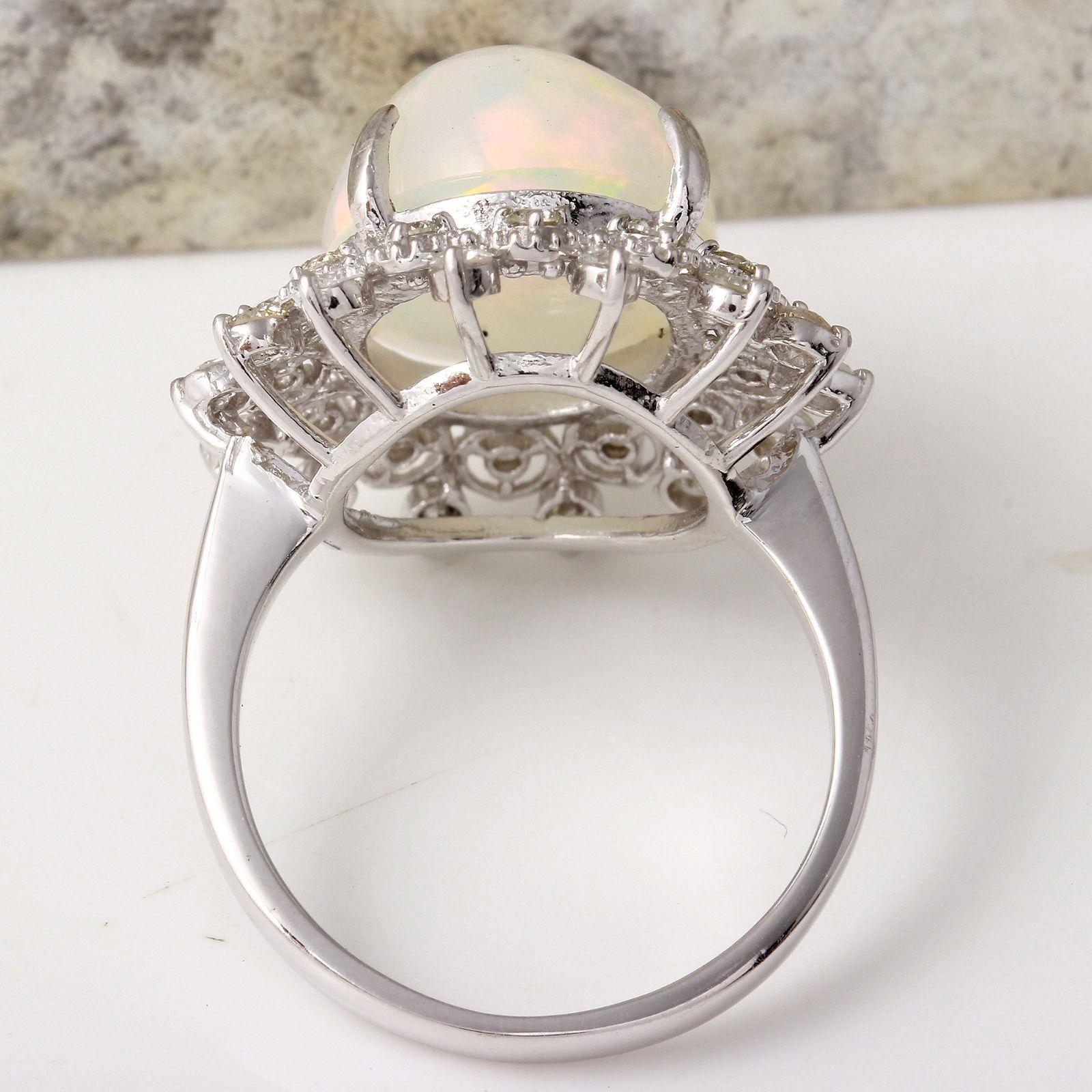 6.73 Ct Natural Impressive Ethiopian Opal and Diamond 14K Solid White Gold Ring In New Condition For Sale In Los Angeles, CA