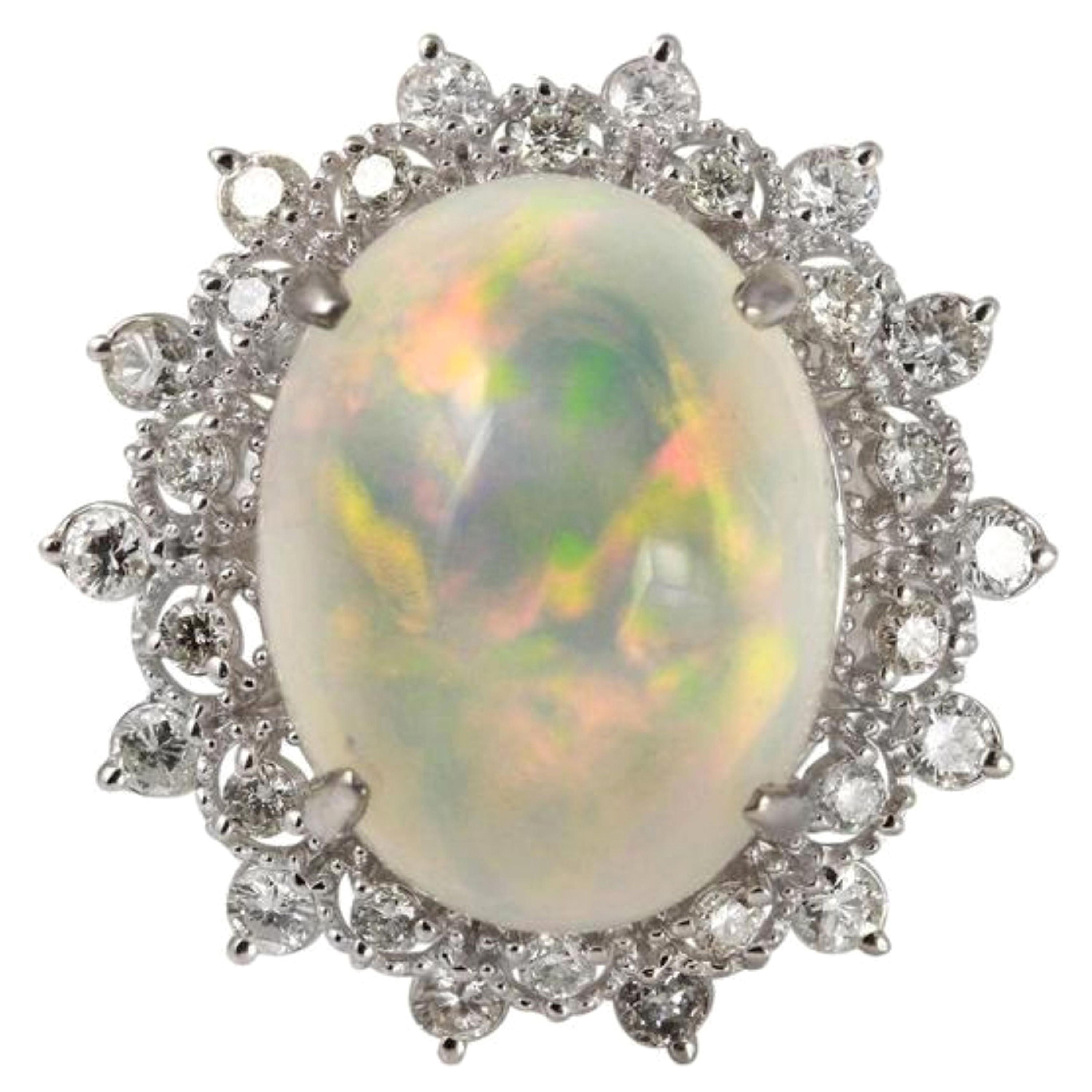 6.73 Ct Natural Impressive Ethiopian Opal and Diamond 14K Solid White Gold Ring For Sale