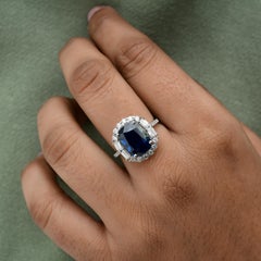 6.73 CTW Dark Blue Sapphire Birthstone SI/HI Diamond Halo Ring 18k White Gold