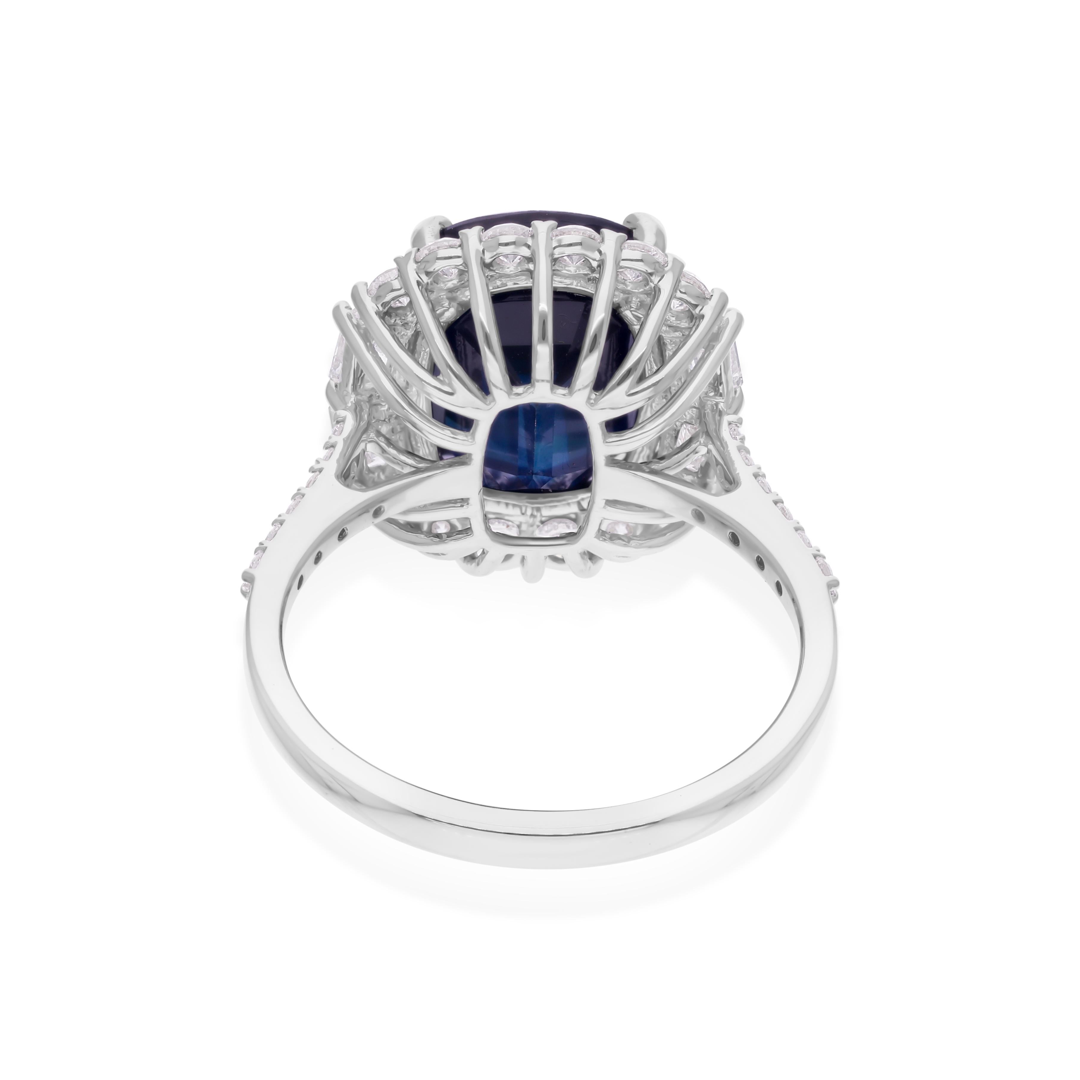 En venta: 6.73 CTW Zafiro Azul Oscuro Piedra de Nacimiento SI/HI Anillo Halo de Diamantes 18k Oro Blanco  9