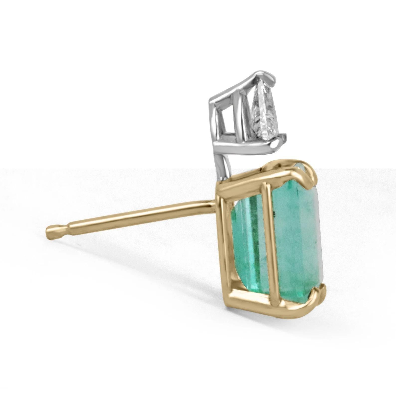 A gorgeous pair of natural emerald and diamond stud earrings. The center of attention, being the two stunning natural Colombian emerald cut emeralds, weighing a total of 6.20-carats. These gemstones display a vibrant spring green color, with