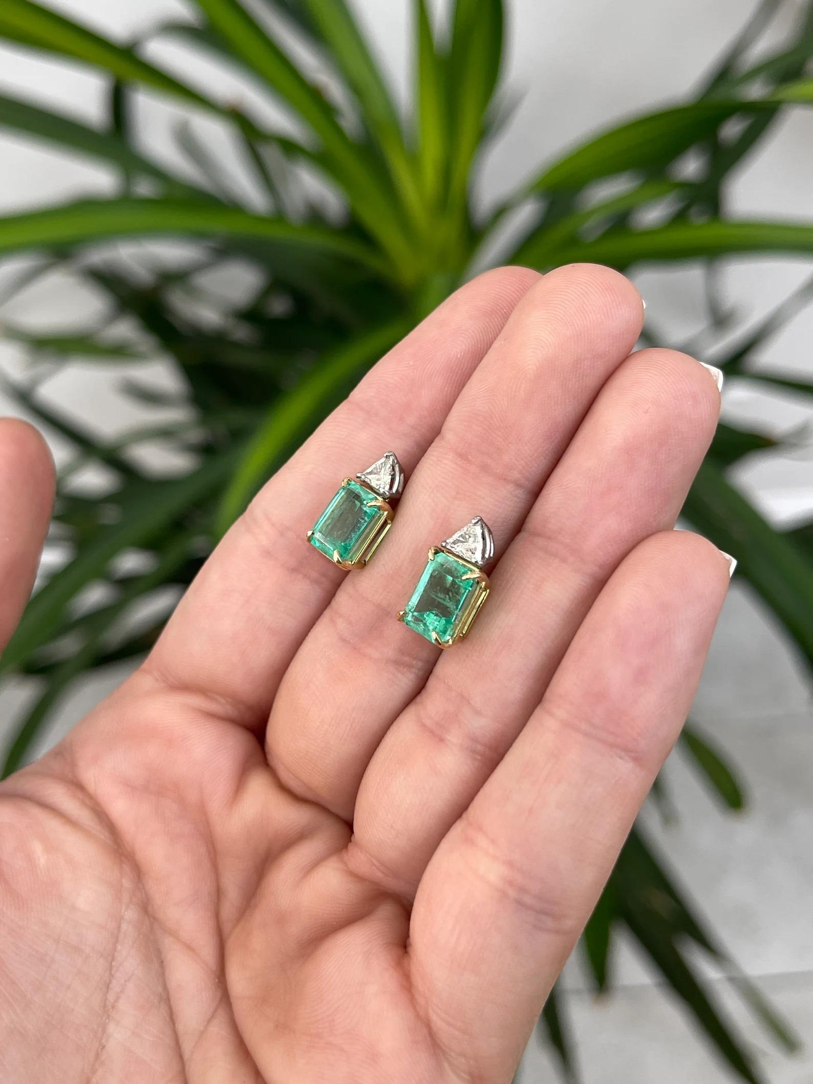 Clous trillion de diamants platine 18 carats, taille émeraude-émeraude colombienne 6,73 ctw en vente 2