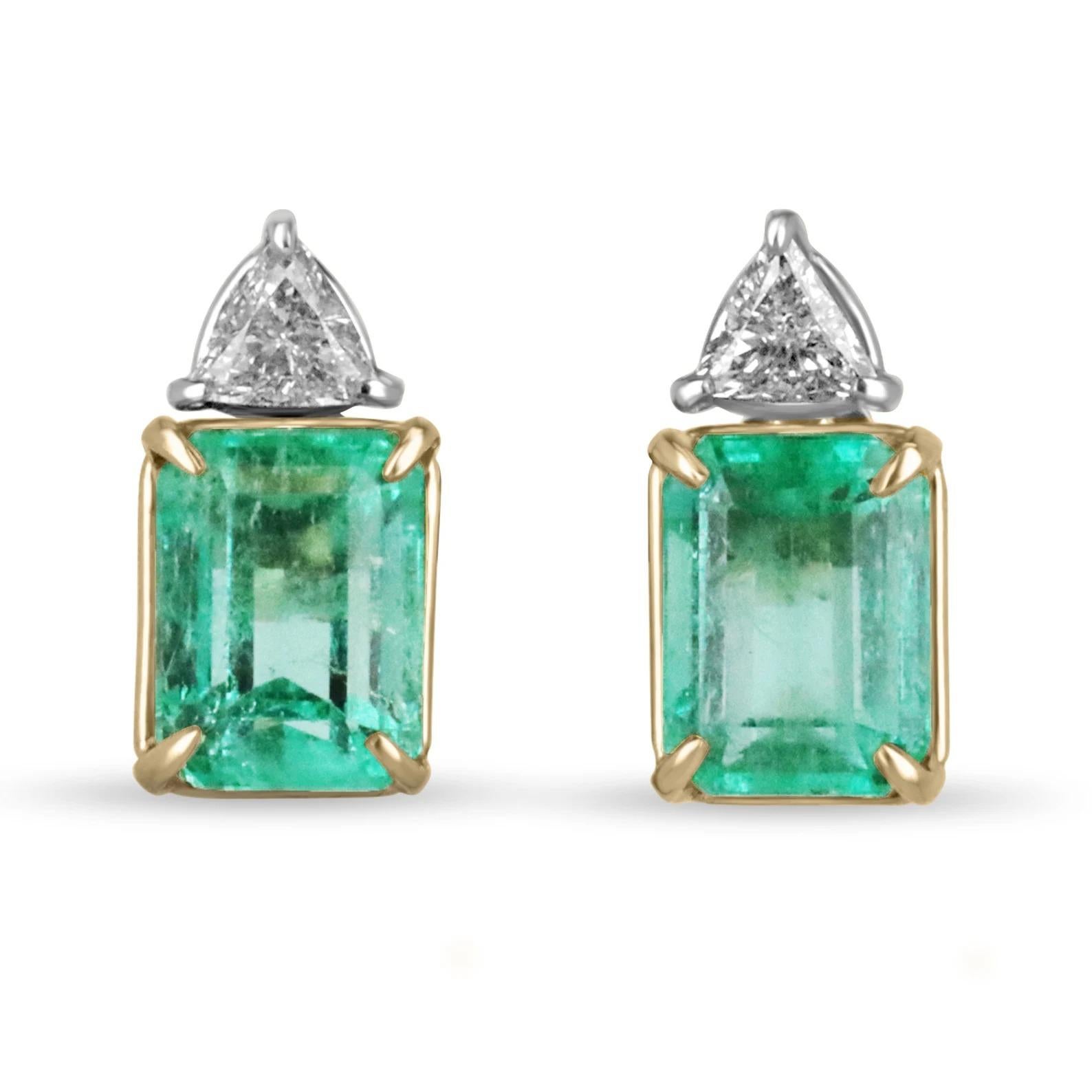6,73tcw kolumbianischer Smaragd-Emerald-Schliff & Diamant Trillionen-Ohrstecker Diamant PLAT 18K