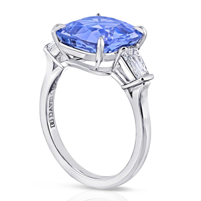 6.74 carat Cushion Blue  Sapphire with Tapered Baguette Diamonds .62 carats set in a Platinum ring