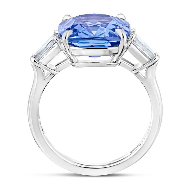 Contemporary 6.74 Carat Cushion Blue Sapphire and Diamond Platinum Ring For Sale