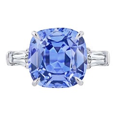 6.74 Carat Cushion Blue Sapphire and Diamond Platinum Ring