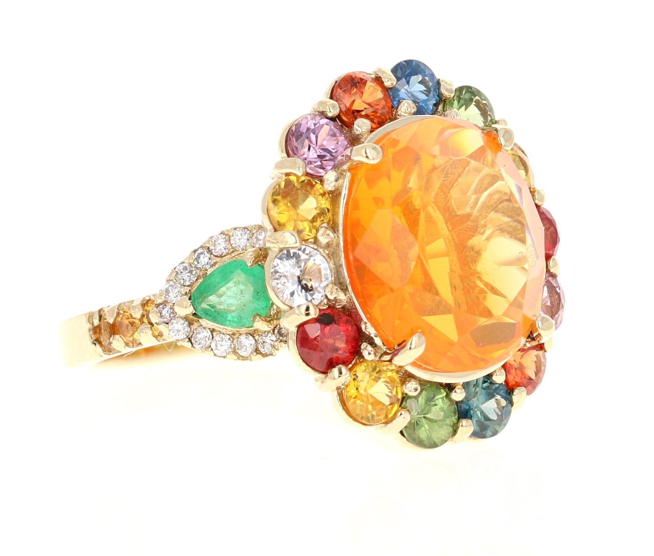 6.74 Carat Fire Opal, Sapphire, Emerald, and Diamond Cocktail Ring

This exquisite ring showcases a stunning 3.60 carat Natural Oval Cut Fire Opal, beautifully encircled by vibrant Natural Round Cut Multicolor Sapphires totaling 1.91 carats in a