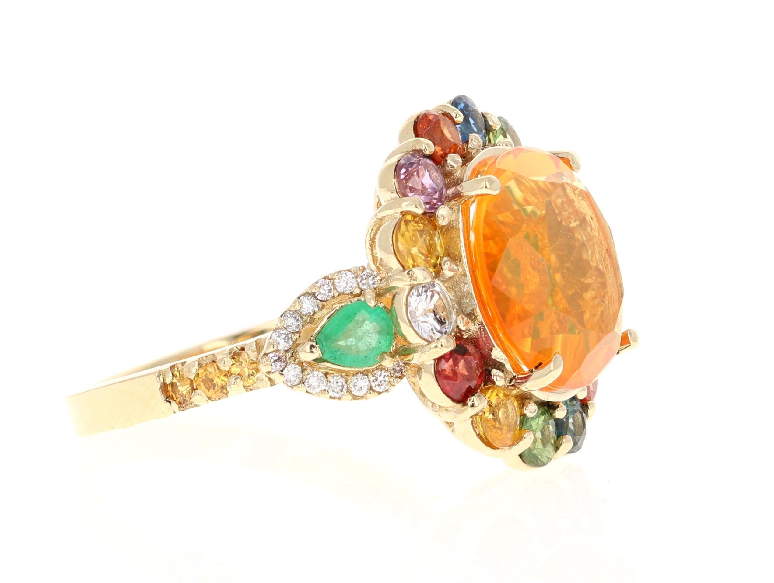 Contemporary 6.74 Carat Fire Opal Sapphire Diamond 14 Karat Yellow Gold Cocktail Ring For Sale