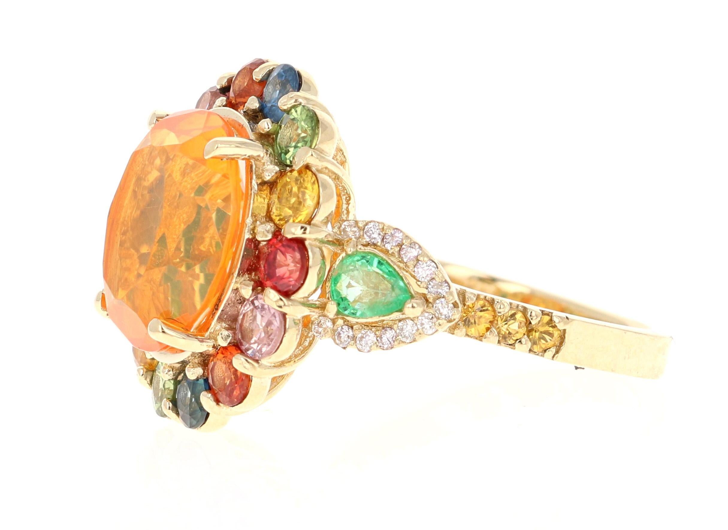 Oval Cut 6.74 Carat Fire Opal Sapphire Diamond 14 Karat Yellow Gold Cocktail Ring For Sale