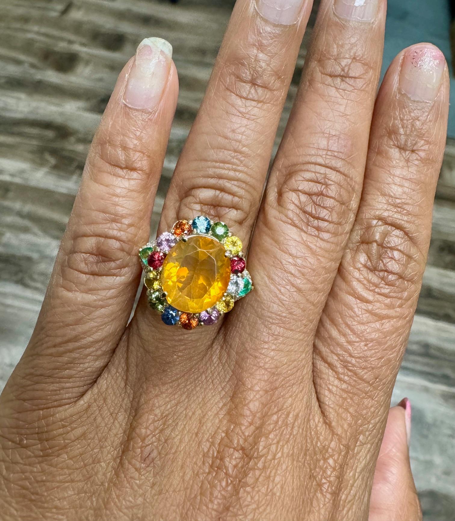 Women's 6.74 Carat Fire Opal Sapphire Diamond 14 Karat Yellow Gold Cocktail Ring For Sale