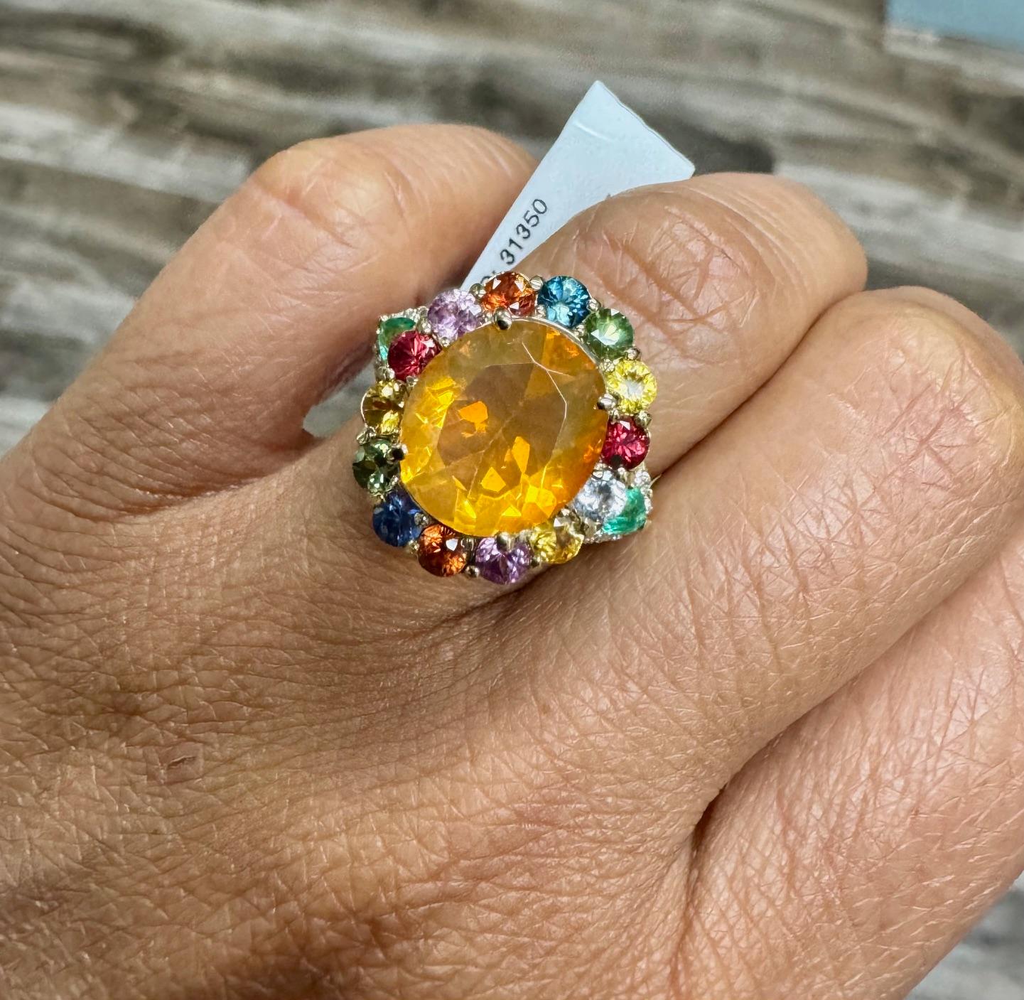 6.74 Carat Fire Opal Sapphire Diamond 14 Karat Yellow Gold Cocktail Ring For Sale 1