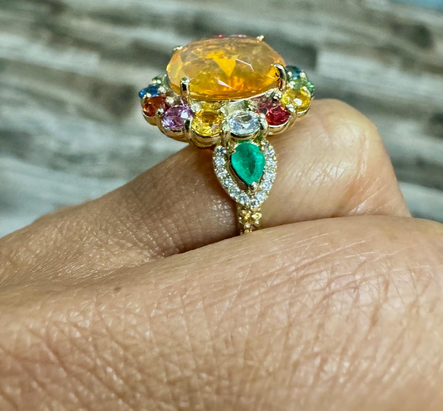 6.74 Carat Fire Opal Sapphire Diamond 14 Karat Yellow Gold Cocktail Ring For Sale 2