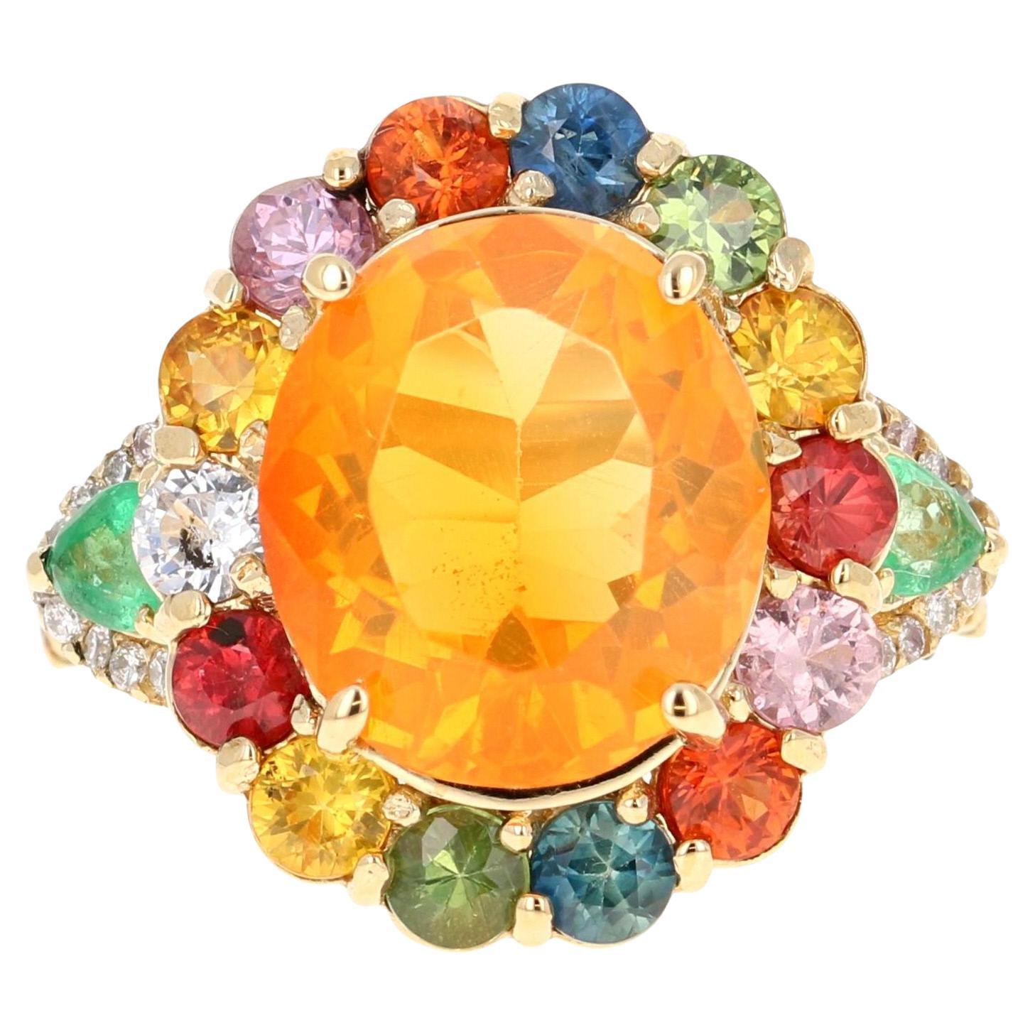 Bague cocktail en or jaune 14 carats avec opale de feu, saphirs et diamants de 6,74 carats