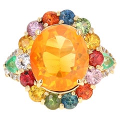 Bague cocktail en or jaune 14 carats avec opale de feu, saphirs et diamants de 6,74 carats