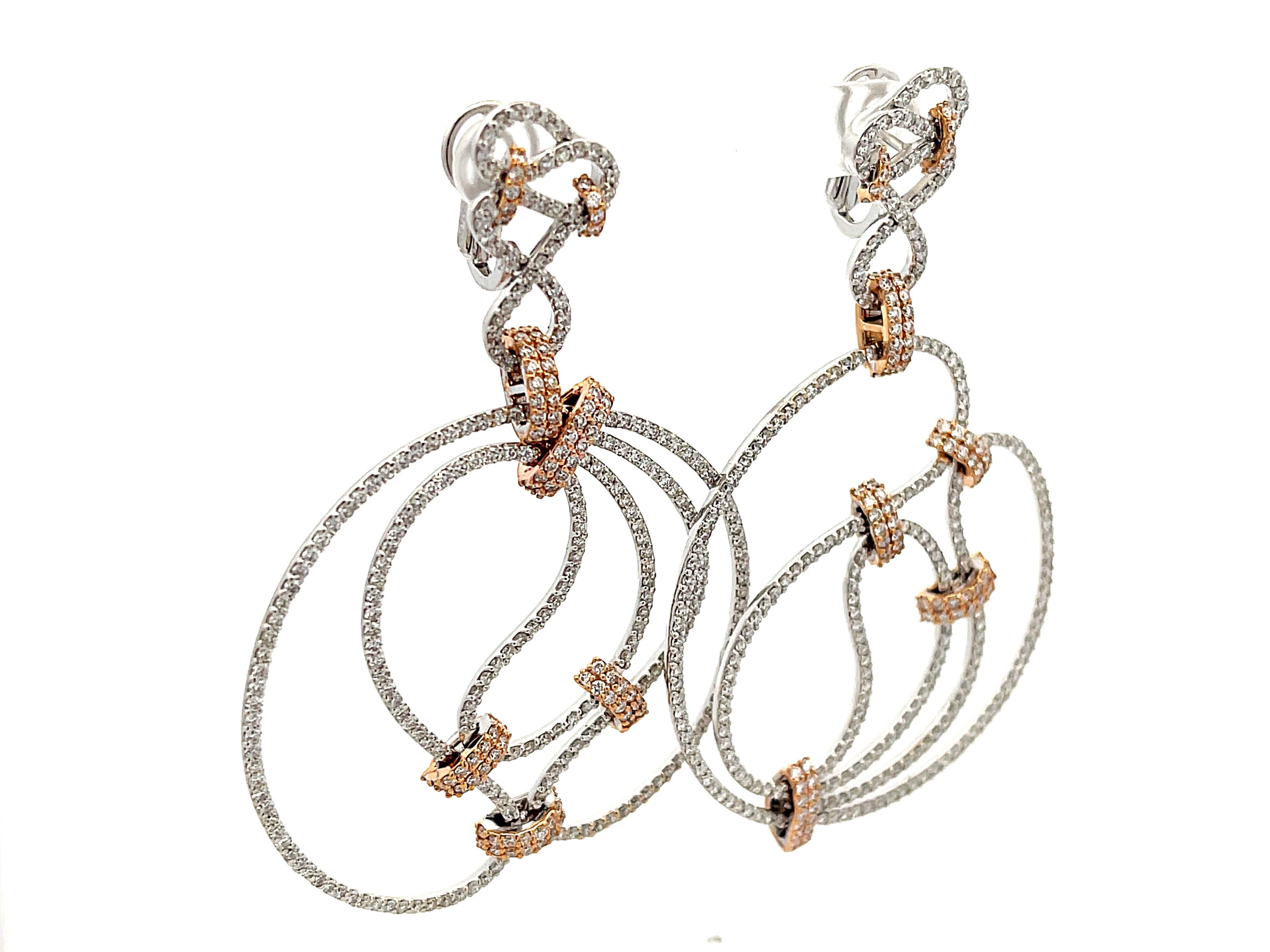 Modern 6.74 Carat Large Diamond Earrings in 18k White Gold with Rose Gold Accents For Sale