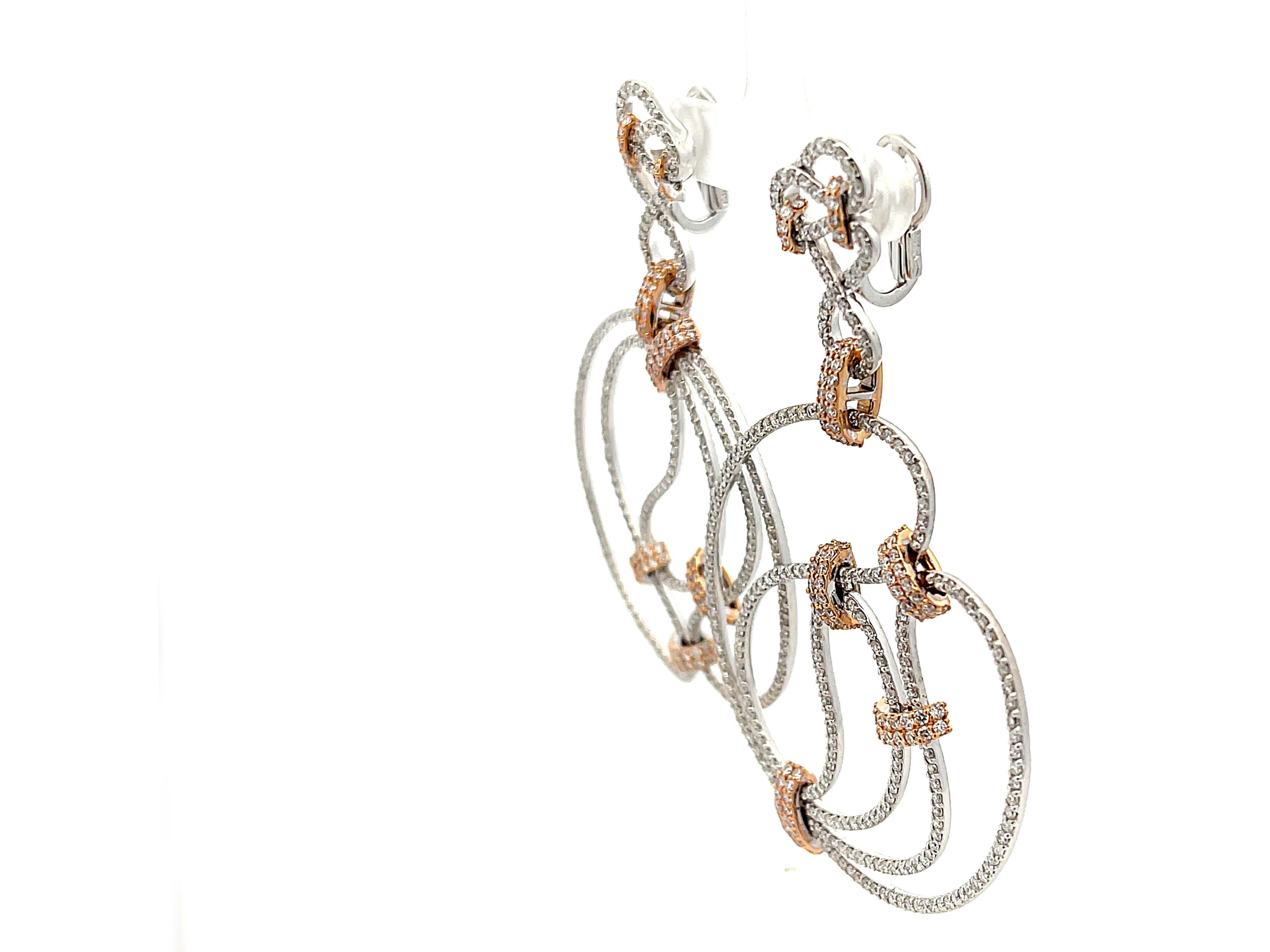 Brilliant Cut 6.74 Carat Large Diamond Earrings in 18k White Gold with Rose Gold Accents For Sale