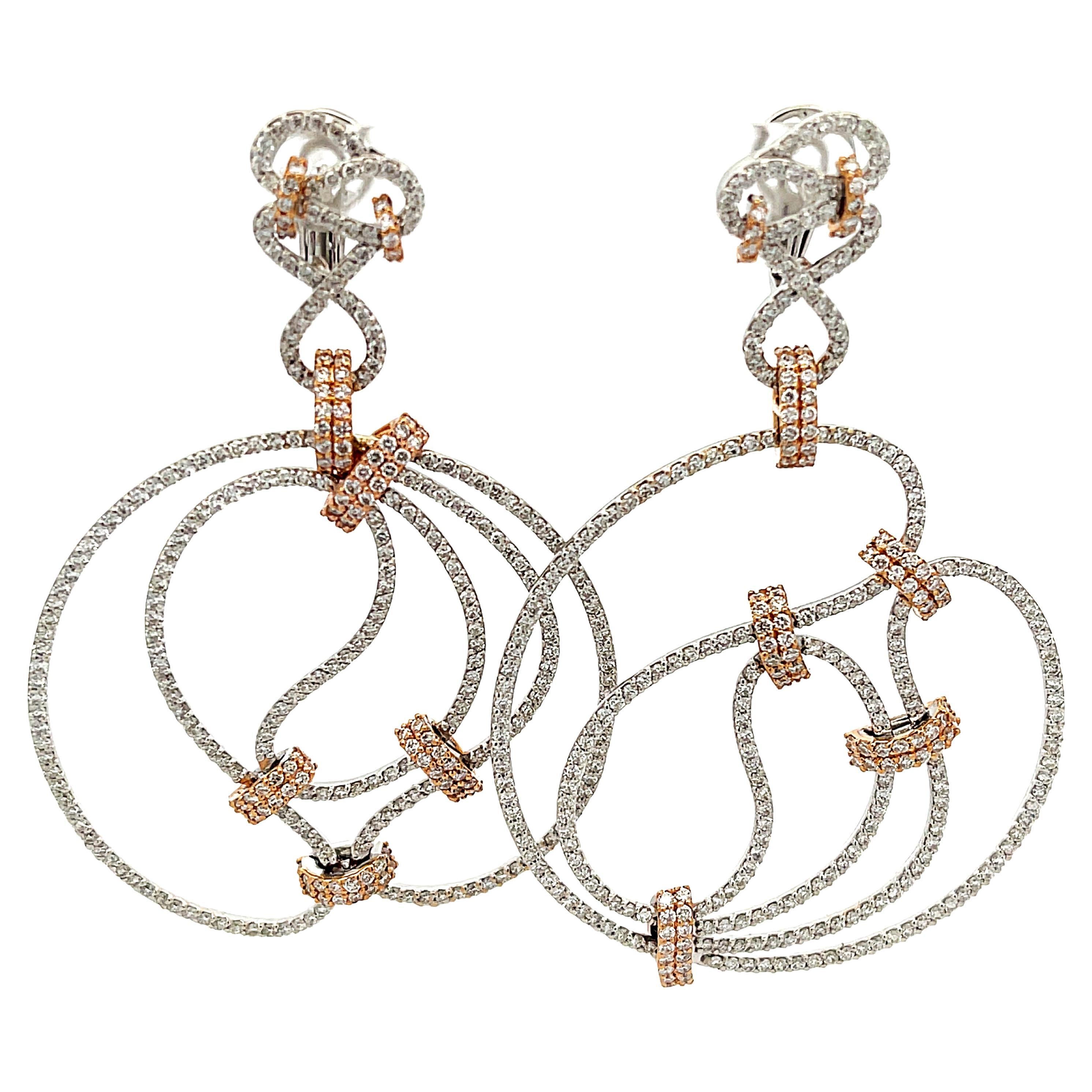 6.74 Carat Large Diamond Earrings in 18k White Gold with Rose Gold Accents For Sale