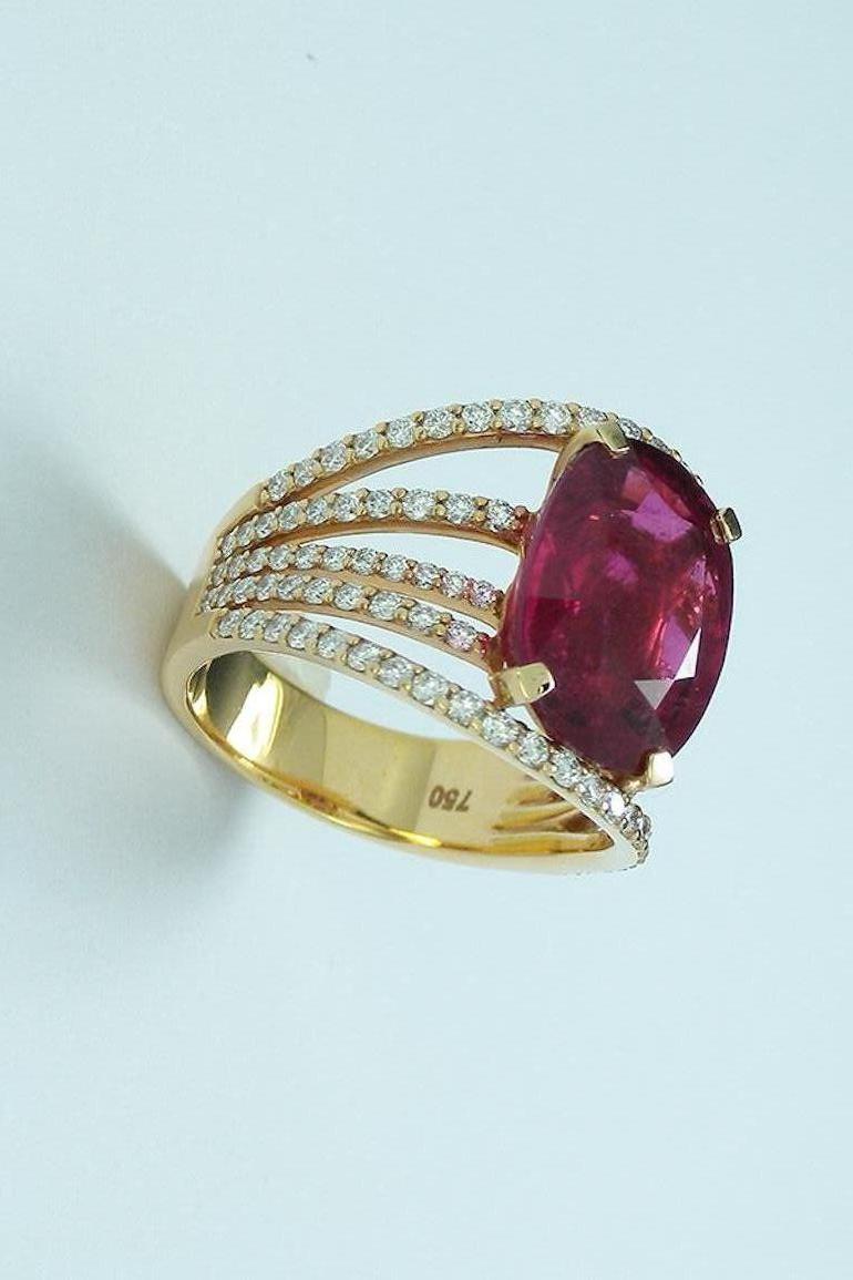 Cushion Cut 6.74 Carat Pink Tourmaline Split Shank Ring For Sale