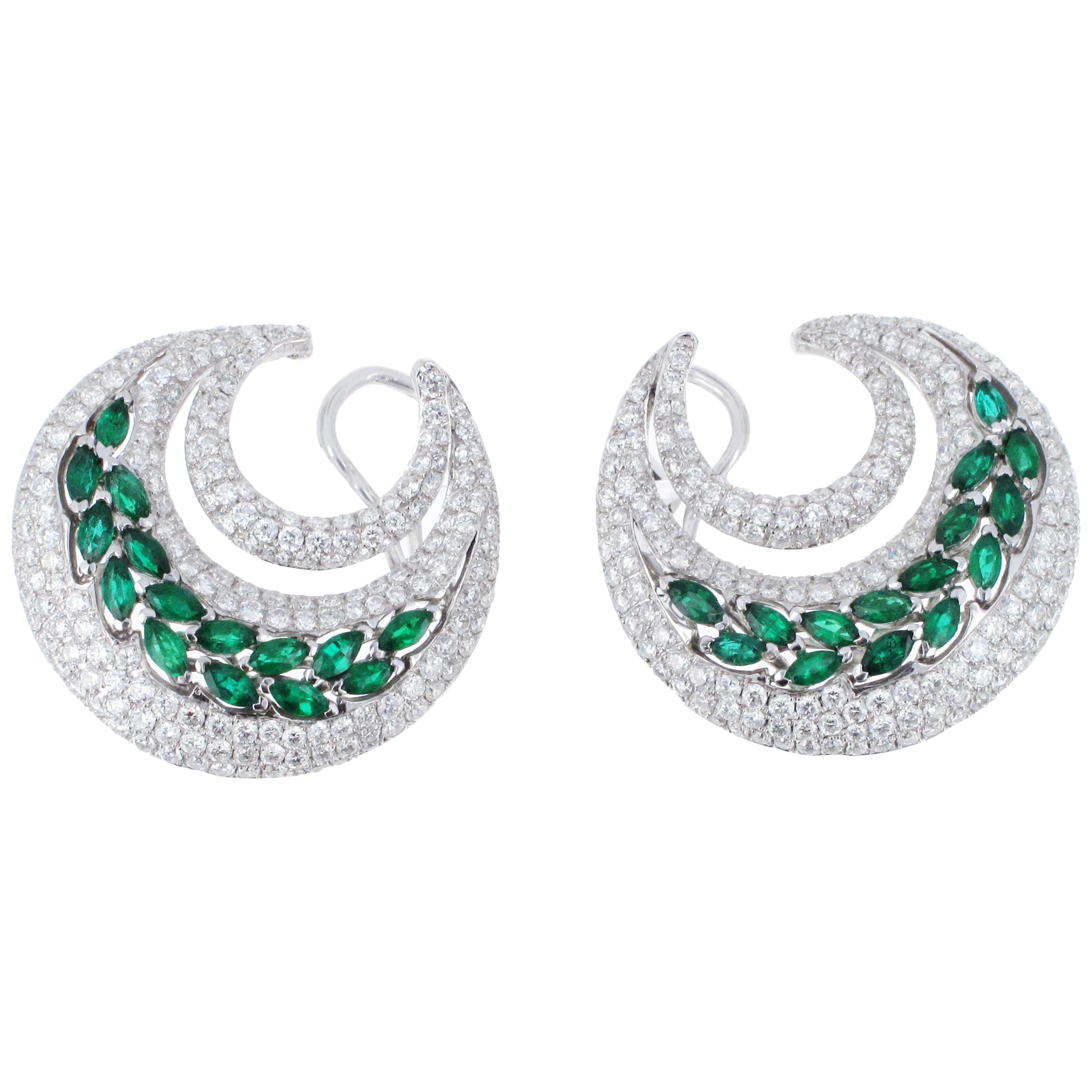 C Shape Circle Stud Diamond and Emerald Hoop Earrings